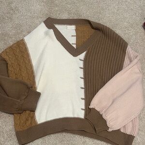 Altar'd State Colorblock V-Neck Sweater in Brown, Cream & Pink